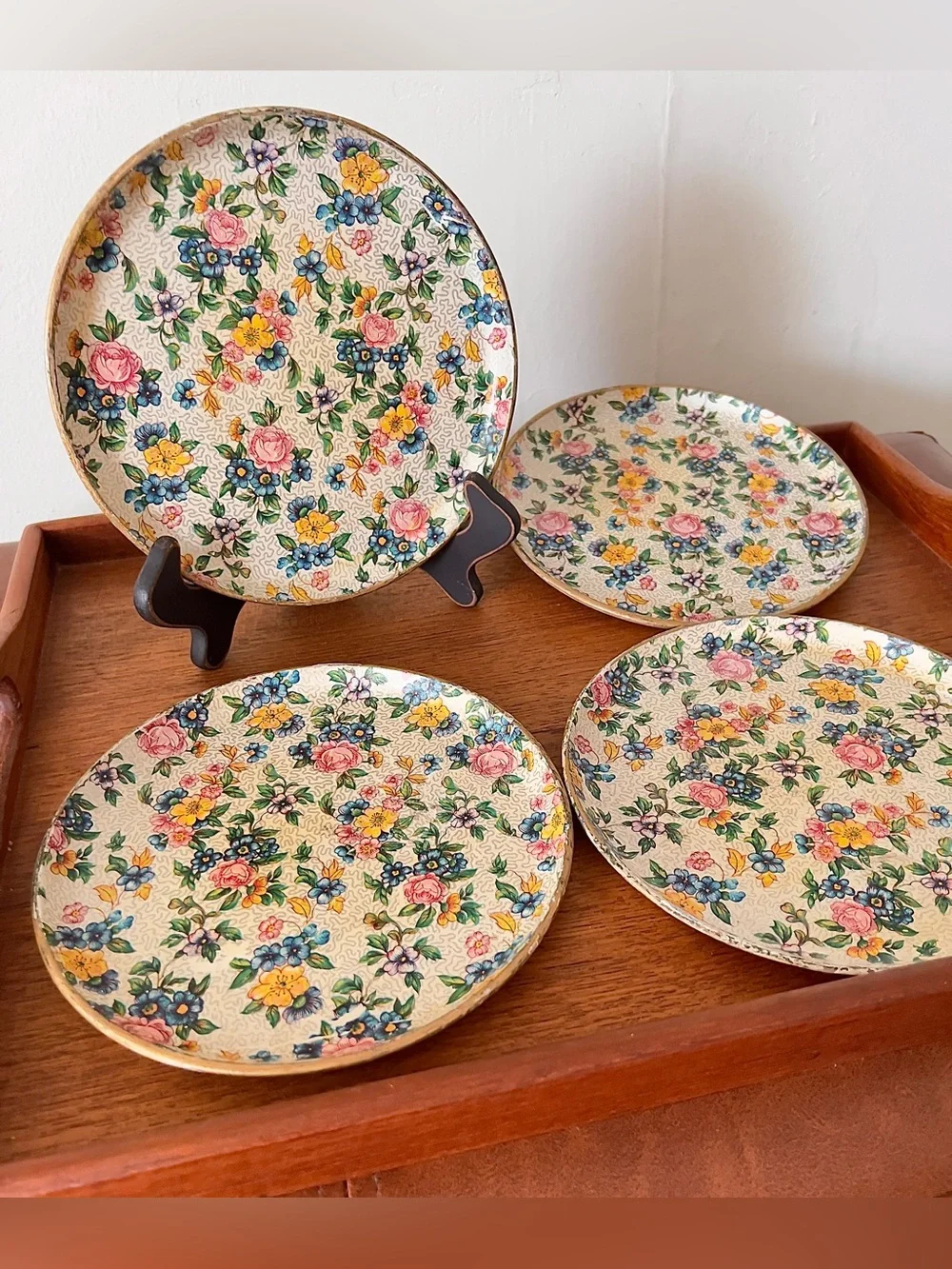 Vtg Highmount Japan Chintz Floral 7” Plates Set 4 MCM Alcohol Proof Cottagecore
